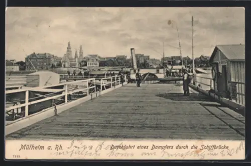 AK Mülheim a. Rh., Durchfahrt eines Dampfers durch die Schiffbrücke, Stadtpanorama