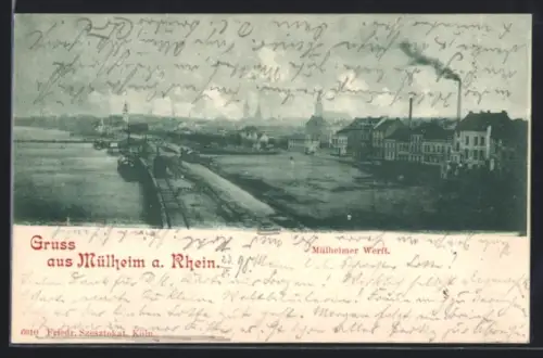 AK Mülheim a. Rhein, Mülheimer Werft mit Stadtansicht, Panorama