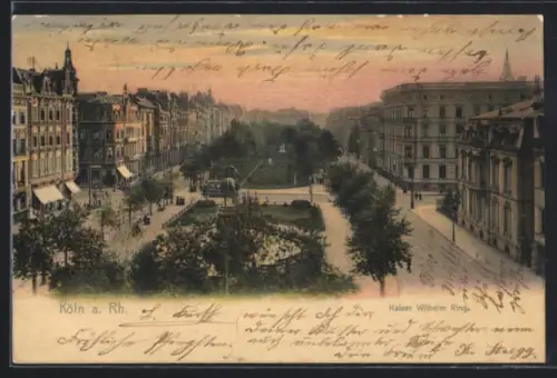 AK Köln-Neustadt, Kaiser Wilhelm Ring, Parkanlage mit Reiterdenkmal, Strassenbahn