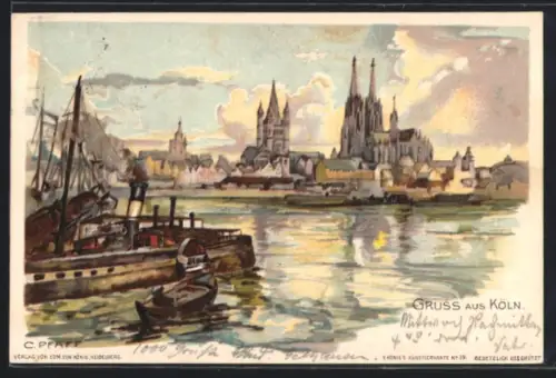 Lithographie Köln, Dom, Gross St. Martin, Rheinschiffe