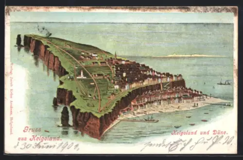 Künstler-AK Helgoland, Gesamtansicht der Insel und Düne