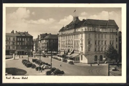AK Kiel, Hansa-Hotel mit Strassenbahn aus der Vogelschau