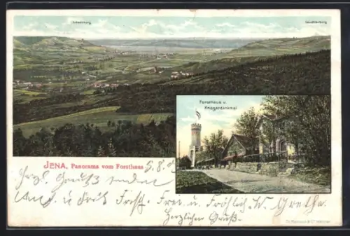 AK Jena, Panorama vom Forsthaus mit Lobeda- u. Leuchtenburg, Forsthaus und Kriegerdenkmal