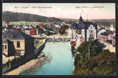 AK Aue /Erzgeb., Neue Muldenbrücke und Ort mit Burg Wettin u. Bahnhofstrasse