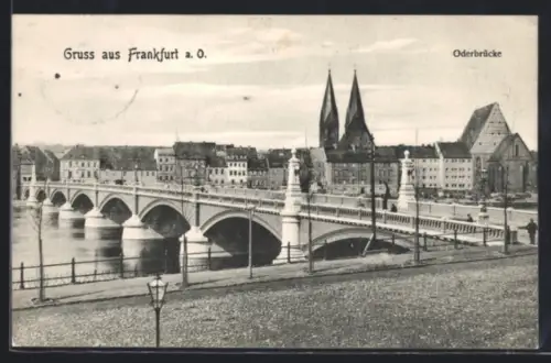 AK Frankfurt a. O., Oderbrücke mit Stadtpanorama