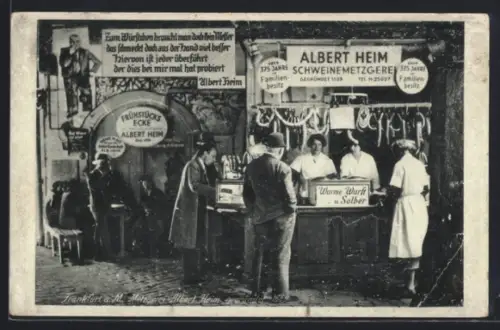 AK Frankfurt a. M., Metzgerei Albert Heim, Frühstücksecke, The4ke mit Verkäuferinnen, Warme Wurst und Solber