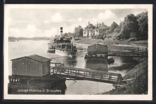 AK Pillnitz b. Dresden, Schloss, Dampferanleger, Elbufer