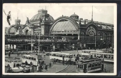 AK Dresden, Hauptbahnhof, Strassenbahnen, Omnibusse