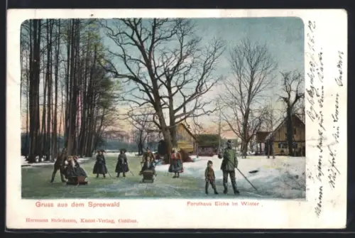 AK Spreewald, Forsthaus Eiche im Winter, Panorama mit Schlittschuhläufern