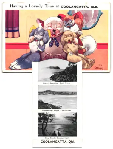 Leporello-Künstler-AK George Ernest Studdy: Coolangatta /Qld., Shopping Center, Wharf Street and Boyds Bay