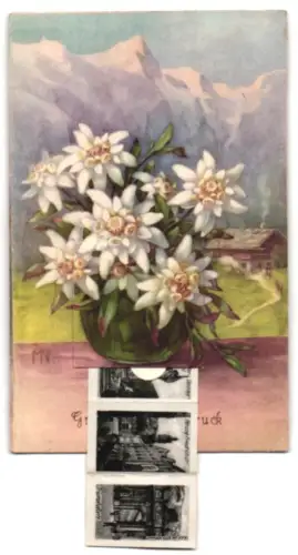 Leporello-AK Innsbruck, Totalansicht mit Berg Isel, Partie in der Maria Theresienstr. und Innbrücke