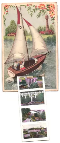 Leporello-AK Luxemburg, Verschiedene Ortspartien mit Friedhof, Reiterstatue und Viadukt