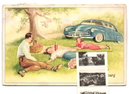 Leporello-AK Luxembourg, Verschiedene Ortspartien mit Statue, Teilansicht des Ortes, Brücke und Viadukt