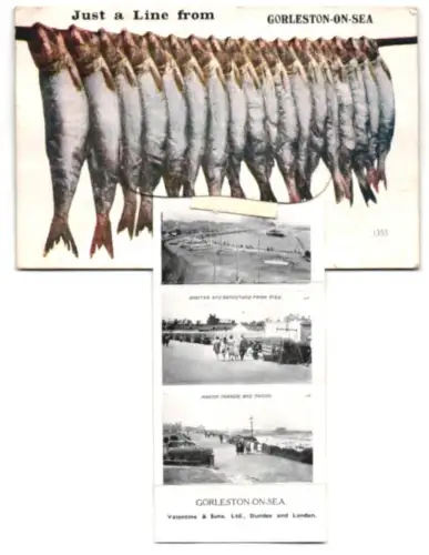 Leporello-AK Gorleston-on-Sea, Tents from Cliff, River and Quay, Shelter and Bandstand from Pier
