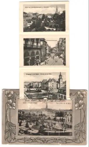 Leporello-AK Mülhausen, Blick vom Bahnhof, Bahnhof, Junges Tor, Wildemannstrasse