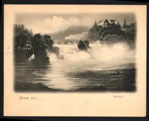 Klapp-AK Rheinfall, Wasserfall mit Eisenbahnviadukt