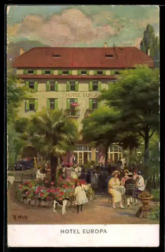 Künstler-AK Bozen, Hotel Europa mit Terrasse und Gästen