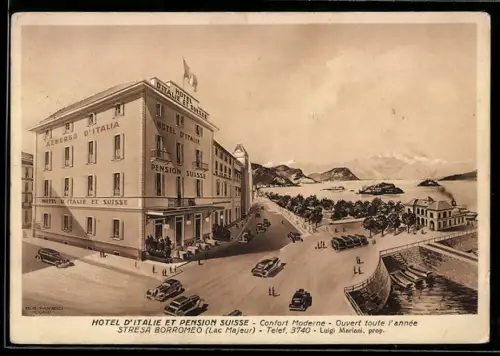 Künstler-AK Stresa Borromeo /Lac Majeur, Hotel d`Italie et Pension Suisse