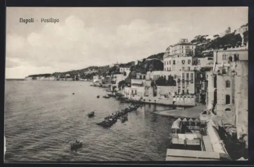 AK Napoli, Posillipo, Veduta della costa con edifici storici e barche sul mare