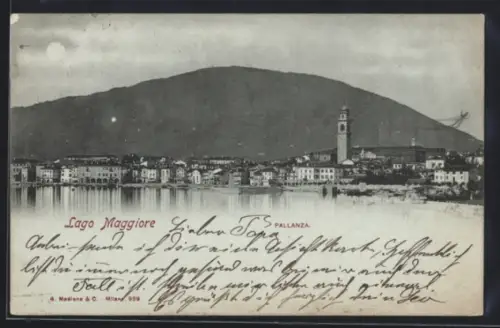 Mondschein-AK Pallanza /Lago Maggiore, Vista panoramica del paese e campanile sullo sfondo del lago