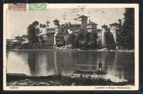 AK Torino, Castello e Borgo Medioevale sul fiume Po con barca