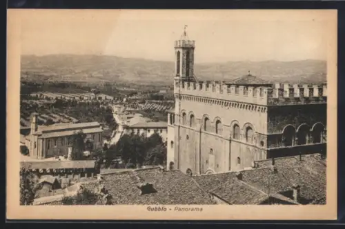 AK Gubbio, Panorama con vista del Palazzo dei Consoli e paesaggio circostante