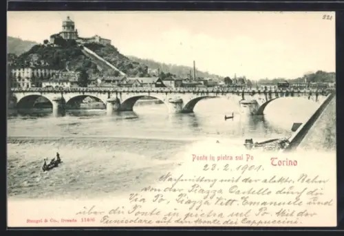 AK Torino, Ponte in pietra sul Po con vista sulla collina dei Cappuccini e funicolare