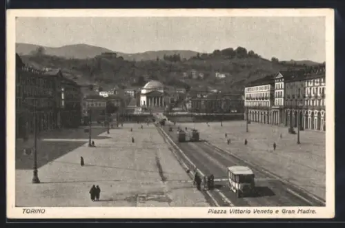 AK Torino, Piazza Vittorio Veneto e Gran Madre con tram