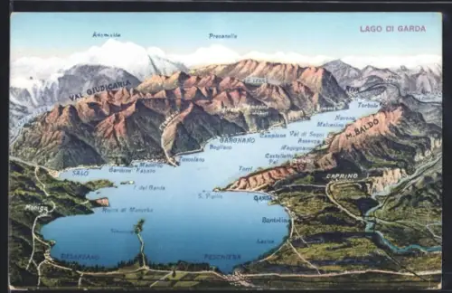 AK Salo /Lago di Garda, Mappa illustrata del lago con montagne e paesi circostanti