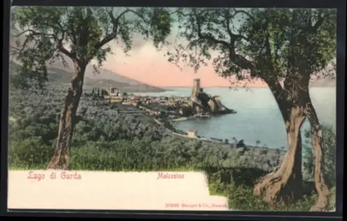 AK Malcesine /Lago di Garda, Vista panoramica con alberi e castello sullo sfondo