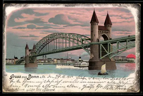 Lithographie Bonn a. Rh., Rheinbrücke mit Flussdampfer und Segelboot