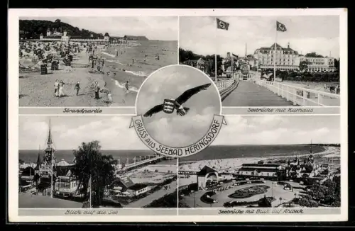 AK Heringsdorf, Strandpartie, Seebrücke mit Kurhaus und Blick auf die See, flaggen