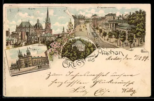 Lithographie Aachen, Dom, Elisenbrunnen, Kaserne