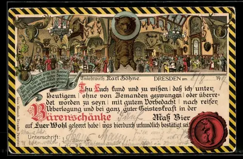 Künstler-AK Dresden, Bärenschänke, Gastwirt Karl Höhne, Gastraum