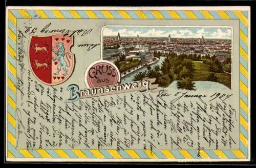 Lithographie Braunschweig, Teilansicht aus der Vogelschau mit Wappen im Passepartout