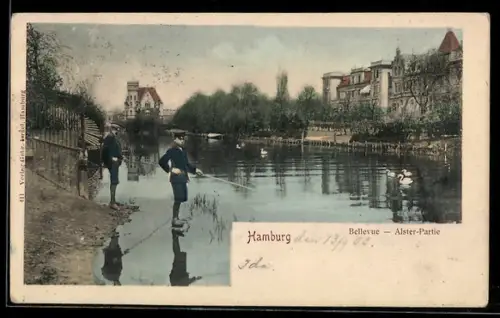 AK Hamburg-Winterhude, Bellevue, Angler an der Alster