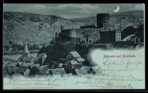 Mondschein-AK Heimbach, Teilansicht des Ortes mit Burg Hohneck