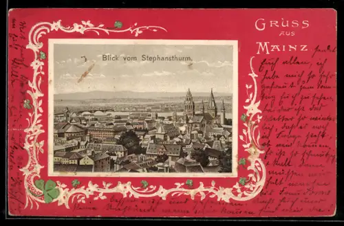 Lithographie Mainz, Blick zum Ort vom Stephansturm