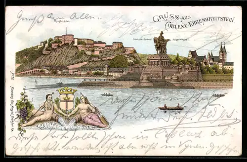 Lithographie Coblenz-Ehrenbreitstein, Provinziat-Denkmal Kaiser Wilhem I, Boote, Wappen, Frau und Mann mit Padel
