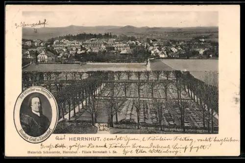 AK Herrnhut, Totalansicht und Porträt Nicolaus Graf v. Zinzendorf