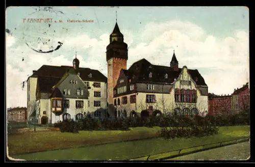 AK Frankfurt-Westend, Victoria-Schule in der Aussenansicht mit Gartenanlage