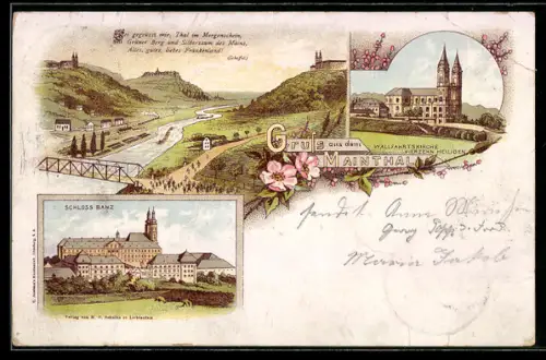 Lithographie Bad Staffelstein /Mainthal, Wallfahrtskirche Vierzehn Heiligen und Schloss Banz