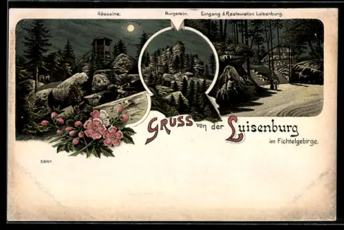 Lithographie Wunsiedel, Restaurant Luisenburg, Burgstein, Kösseine