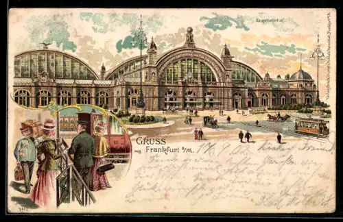 Lithographie Frankfurt, Gesellschaft am Hauptbahnhof, Strassenbahn