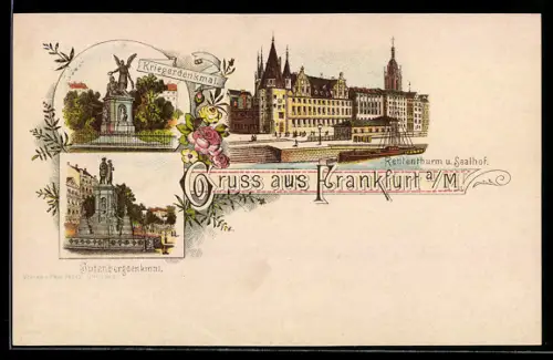 Lithographie Frankfurt a. M., Rententurm und Saalhof, Kriegerdenkmal und Gutenbergdenkmal
