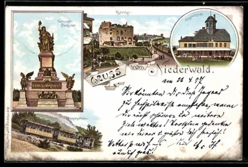 Lithographie Rüdesheim, National-Denkmal, Niederwaldbahn, Jagdschloss
