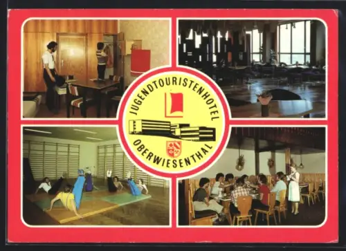 AK Oberwiesenthal, Jugendtouristenhotel Karl Liebknecht, Speisesaal, Sport, Gästezimmer