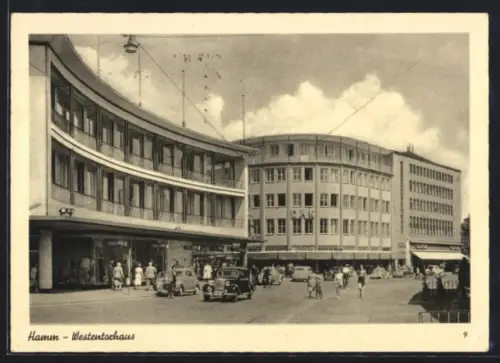 AK Hamm /Westf., Westentorhaus mit Passanten