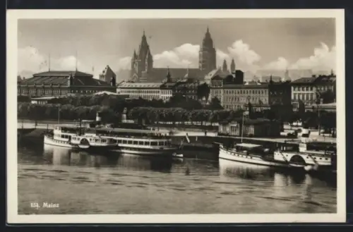 AK Mainz, Rheinpanorama mit Raddampfer