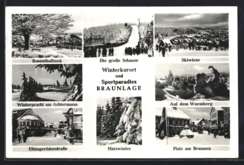 AK Braunlage, Die grosse Schanze, Skiewiese, Platz am Brunnen